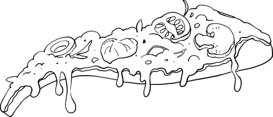 A slice of pizza with mushrooms, tomatoes, lettuce and dripping cheese. Linear contour drawing. For printing banners, signs, menus. For restaurants and pizzerias. For printing on clothes and dishes.
