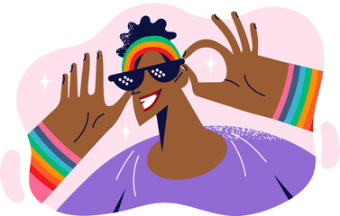 African American man wearing sunglasses and trendy bright clothes with rainbow sleeves