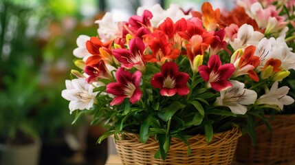 Naklejka na ściany i meble Colorful Alstroemeria in a vase on a shelf in a flower shop. Mother's day concept with a space for a text. Valentine day concept with a copy space.