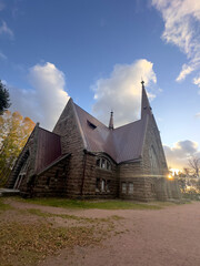 Catholic old church at sunset 