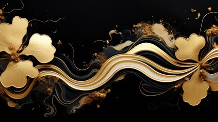 Wallpaper for wall frames fractal flowers golden and black liquid marble background. Resin geode and abstract art, functional art, like geode painting