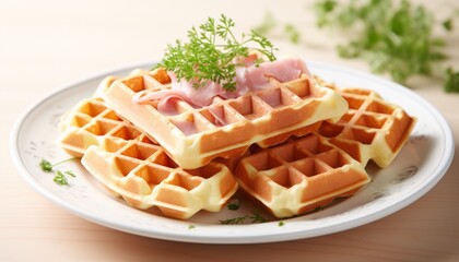 Delectable ham and cheese waffles, expertly cooked, beautifully plated, and ready to be savored