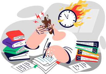Man office clerk cannot cope with deadlines, sitting at desk littered with papers near burning clock
