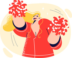 Woman cheerleader waves hand with pompoms and dances festive dance to motivate athletes to play well © Valery