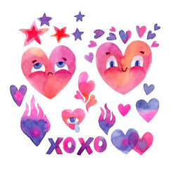 Watercolor hand drawn valentines day hearts. Watercolor hearts characters can be use for print, postcard, greeting card design, textile, packaging design, stickers, template. Red hearts set for design