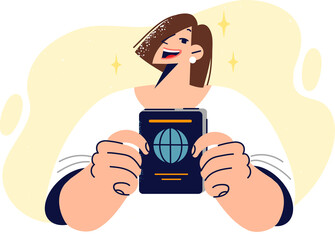 Woman with passport in hands allowing to travel around world or obtain visa from foreign country