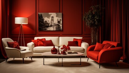 Elegant and cozy modern living room interior with striking red tones and beautifully framed wall art