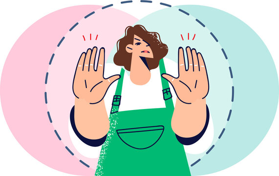 Woman demonstrates personal boundaries and asks not to approach, showing palms of two hands