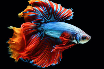 Fototapeta premium Betta fish. Amazing exotic tropical fish. Colorful fighting Siamese fish with beautiful silk tail isolated on black. 