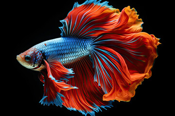 Fototapeta premium Betta fish. Amazing exotic tropical fish. Colorful fighting Siamese fish with beautiful silk tail isolated on black. 