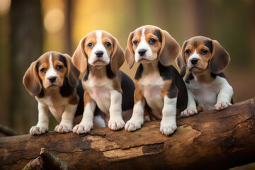 Group of baby beagle dogs outdoors