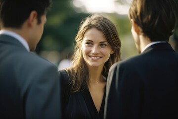 Attractive young female executive wearing a suit talking with coworkers 