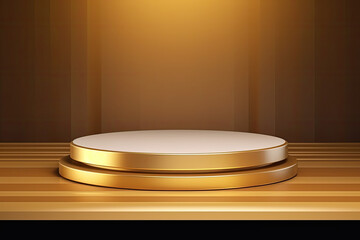 Gold product podium stand background. Premium stage platform, advertising mockup. Golden product stand template 