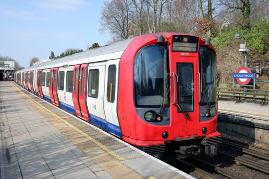 S8 Stock London Underground train at Chorleywood Station on the Metropolitan Line