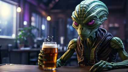 An alien drinks his glass of beer. - obrazy, fototapety, plakaty