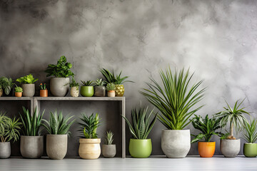 Plants in pots at wall background, houseplants potted in flowerpots in row, succulents and palm leaves. - obrazy, fototapety, plakaty