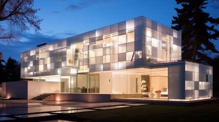 Fototapeta premium A Photograph of a sleek, contemporary exterior adorned with geometric lines and translucent panels, emanating an aura of minimalist elegance.