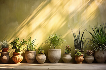 Plants in pots at wall background, houseplants potted in flowerpots in row, succulents and palm leaves, sunrise light.