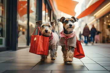 Hyper realistic HD Dogs Wearing Clothes with Bags While Shopping Gifts for Holidays. Human-Like Anthropomorphic Animal Character.
