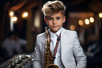 Middle school student playing saxophone in music classroom. - obrazy, fototapety, plakaty