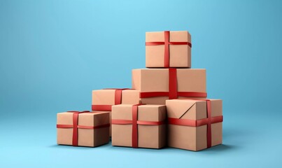 A woman is holding a parcel on a colored background, AI generator