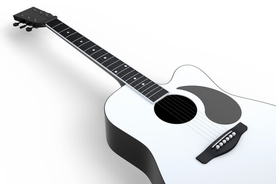 Close-up of acoustic guitar isolated on white background.