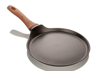 One metal pancake pan, macro, isolated on white background.