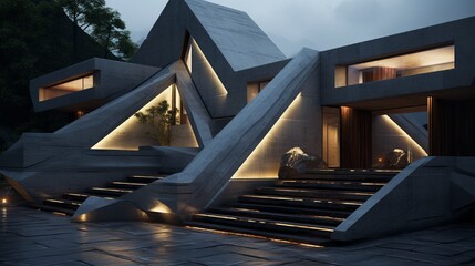 Brutalist-inspired exterior using a variety of jagged concrete forms contrasted with soft LED lighting.
