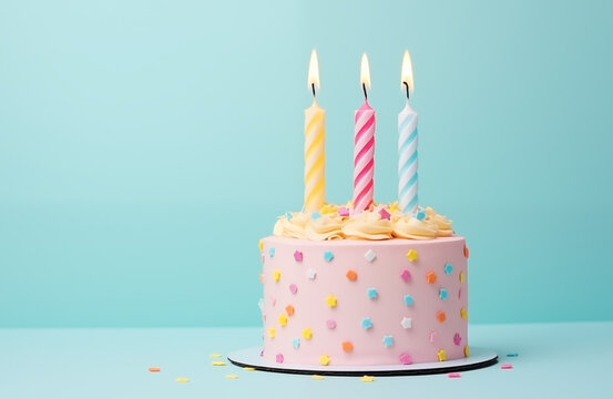 Colorful pink birthday cake with three striped candles isolated on pastel blue background with copy space