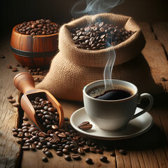 A warm, inviting photograph of a cup of steaming coffee on a saucer, accompanied by a burlap sack overflowing with coffee beans and a wooden scoop partially filled with beans. Generative AI