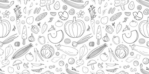 Seamless pattern with sketch of vegetables in hand drawn style like ink drawing.