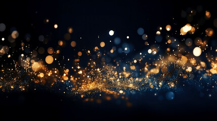 Obraz premium Abstract blue and gold shiny Christmas background with bokeh. Holiday bright blurred backdrop with particles.