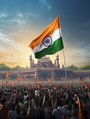 India independence, People celebrating, waving gaint flag, hyper realistic, truephoto, generative ai - obrazy, fototapety, plakaty