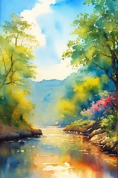 Colorful illustration of a river. Watercolor drawing.