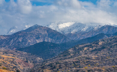 scenic view of snow covered Chimgan mountain from Amirsoy ski resort (Tashkent region, Uzbekistan)