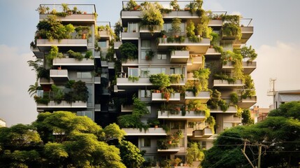 Exterior featuring multiple compact balconies filled with elaborate vertical gardens.