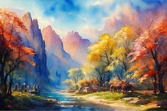 Colorful fantasy illustration of river and mountain landscape. Watercolor drawing.