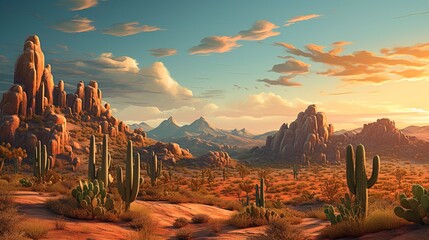 Desert landscape with cacti. Generation AI - obrazy, fototapety, plakaty