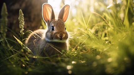 Fototapeta na wymiar Little rabbit in the spring forest on the grass. Generation A