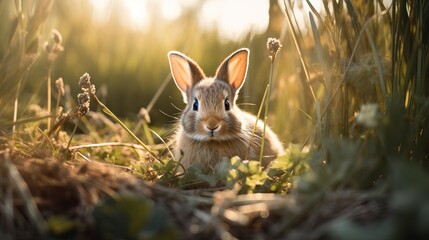 Obraz premium Little rabbit in the spring forest on the grass. Generation A