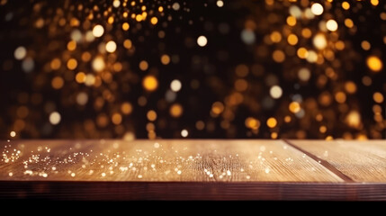 Empty wooden table top with gold shiny bokeh. Festive, Christmas, New Year background for product...