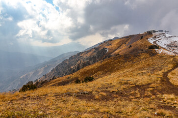 Amirsoy summit scenic view from Kumbel trail in Chimgan mountains (Tashkent region, Uzbekistan)