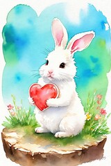 Cute little rabbit holding a heart. Watercolor drawing.