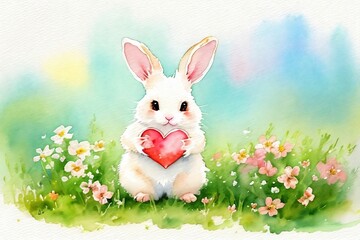 Cute little rabbit holding a heart. Watercolor drawing.