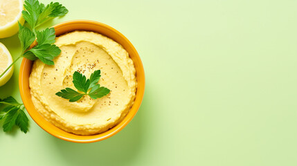 Bowl of hummus with lemon and parsley on green background