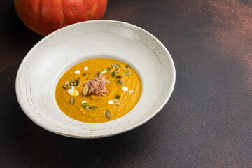 Pumpkin puree soup. Close up
