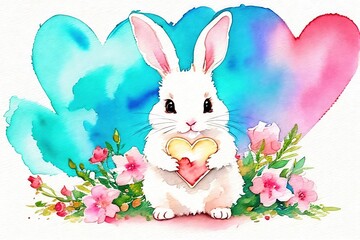 Cute little rabbit holding a heart. Watercolor drawing.