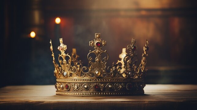 picture in low key of a wooden table with a lovely king's crown. aged and refined. fantasies from the Middle Ages