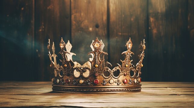 picture in low key of a wooden table with a lovely king's crown. aged and refined. fantasies from the Middle Ages