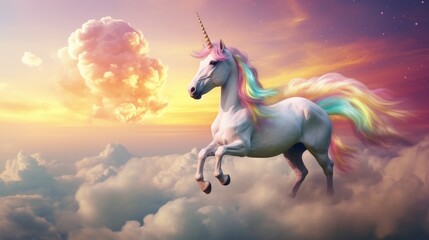 Obraz na płótnie Canvas A magical unicorn in a gorgeous sky filled with fluffy clouds and rainbows. Imaginary setting
